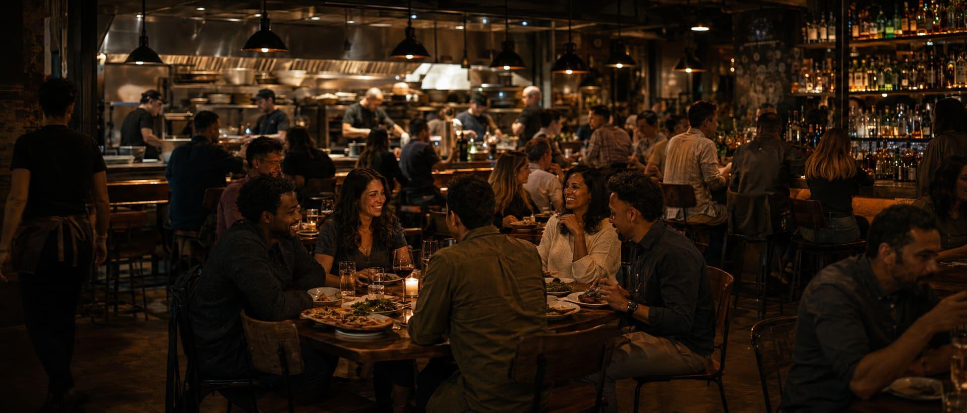 A full dining room at dinner service, guests at the tables and the open kitchen behind